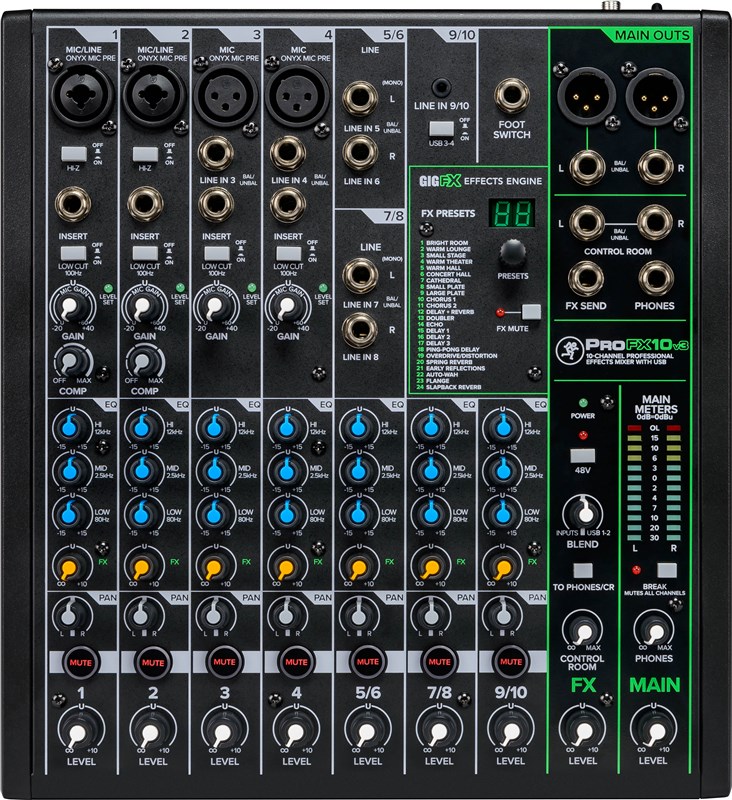 Mackie ProFX10 V3 Mixer, overhead view