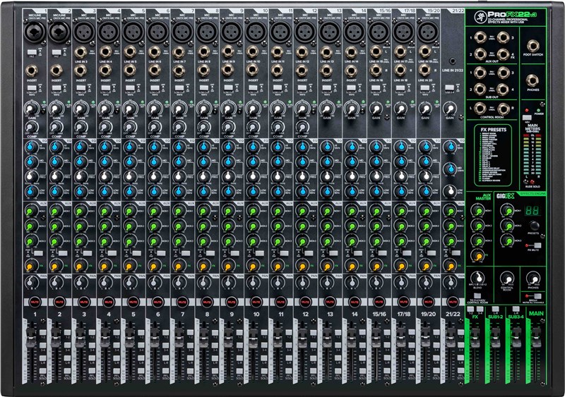 Mackie ProFX22 V3 Mixer, front overhead view