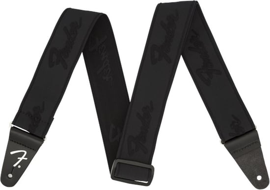 Fender WeighLess 2" Running Logo Strap, Black/Black