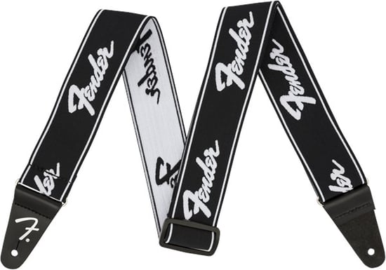 Fender WeighLess 2" Running Logo Strap, Black/White