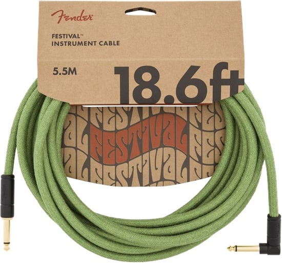 Fender Festival Instrument Cable, Angled/Straight, 5.7m/18.6ft, Pure Hemp, Green