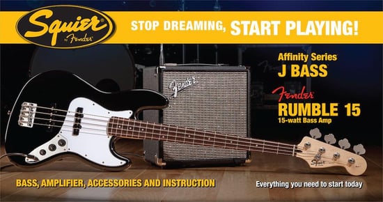 Squier Stop Dreaming, Start Playing Set: Affinity Series Jazz Bass with Fender Rumble 15 V3 Amp (Black)