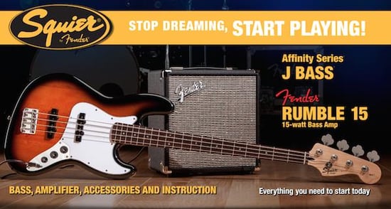 Squier Stop Dreaming, Start Playing Set: Affinity Series Jazz Bass with Fender Rumble 15 V3 Amp (Brown Sunburst)