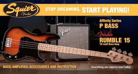 Squier Stop Dreaming, Start Playing Set: Affinity Series Precision Bass with Fender Rumble 15 V3 Amp (Brown Sunburst)