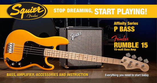 Squier Stop Dreaming, Start Playing Set: Affinity Series Precision Bass with Fender Rumble 15 V3 Amp (Butterscotch Blonde)