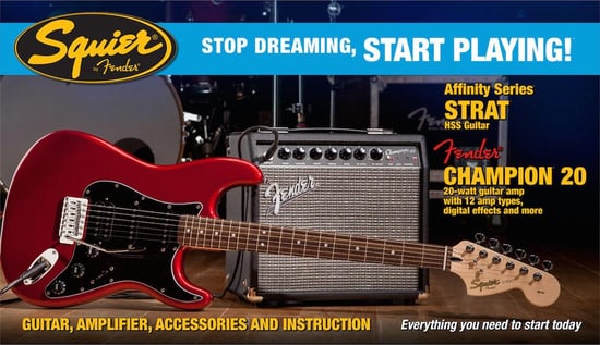 Squier Stop Dreaming, Start Playing Set: Affinity Series Strat HSS with Fender Champion 20 Amp Pack (Candy Apple Red)