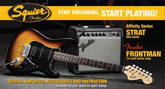 Squier Stop Dreaming, Start Playing Set: Affinity Series Strat HSS Pack with Fender Frontman 15G Amp (Brown Sunburst)