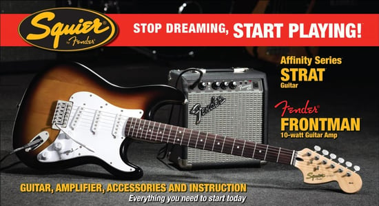 Squier Stop Dreaming, Start Playing Set: Affinity Series Strat Pack with Fender Frontman 10G Amp (Brown Sunburst)