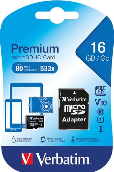 Verbatim Micro SDHC Memory Card Class 10 16GB with Adaptor